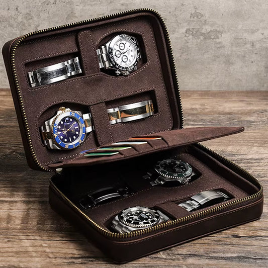 Double Layer 4-Slot Watch Organizer Travel Vintage Brown Genuine Cow Leather Zipper Closure Watch Storage Case Card Holder Slots